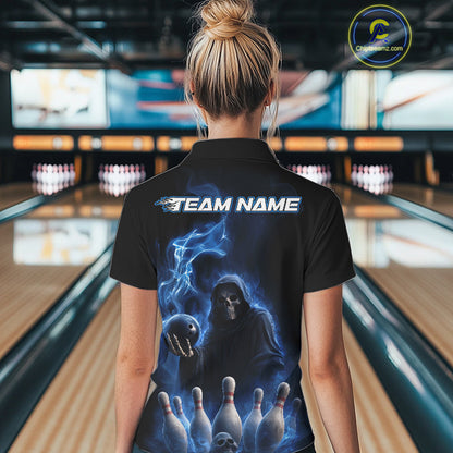Custom Blue Flame Grim Reaper Bowling Women Polo Shirts, Skull Halloween Bowler Outfit IPHW9734