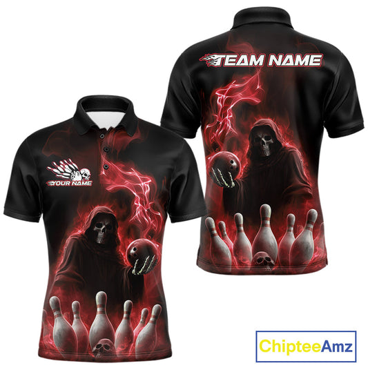 Custom Red Flame Grim Reaper Bowling Men Polo Shirts, Skull Halloween Bowler Outfit IPHW9735
