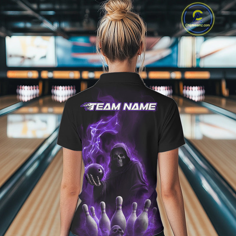 Custom Purple Flame Grim Reaper Bowling Women Polo Shirts, Halloween Bowler Outfit IPHW9737