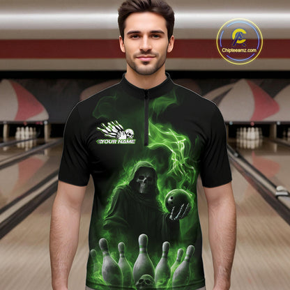 Custom Green Flame Grim Reaper Bowling Men Quarter-Zip Shirts, Halloween Bowler Outfit IPHW9738