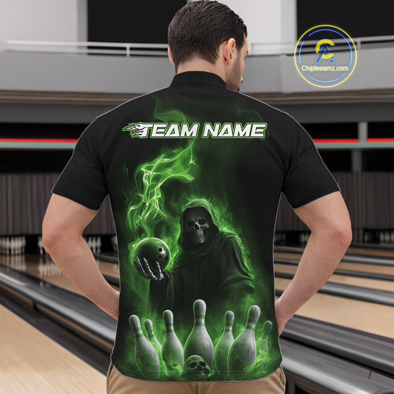 Custom Green Flame Grim Reaper Bowling Men Quarter-Zip Shirts, Halloween Bowler Outfit IPHW9738