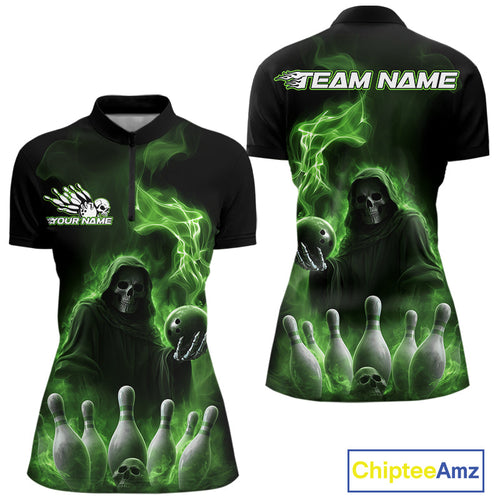 Custom Green Flame Grim Reaper Bowling Women Quarter-Zip Shirts, Halloween Bowler Outfit IPHW9738