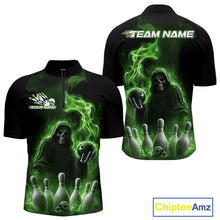 Load image into Gallery viewer, Custom Green Flame Grim Reaper Bowling Men Quarter-Zip Shirts, Halloween Bowler Outfit IPHW9738