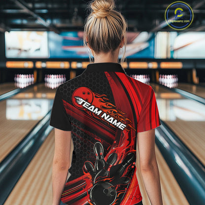 Custom Black And Red Flame Bowling Jerseys, Bowling Team Quarter-Zip Shirts For Women IPHW9884