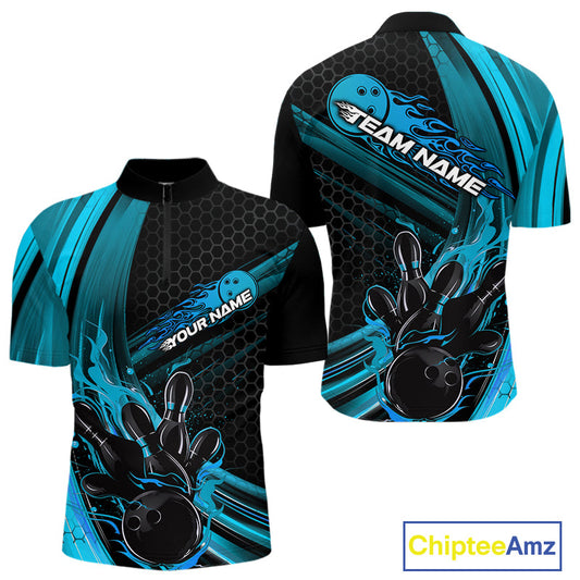 Custom Black And Blue Flame Bowling Jerseys, Bowling Team Quarter-Zip Shirts For Men IPHW9885