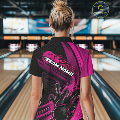 Custom Black And Pink Flame Bowling Jerseys, Bowling Team Polo Shirts For Women IPHW9886