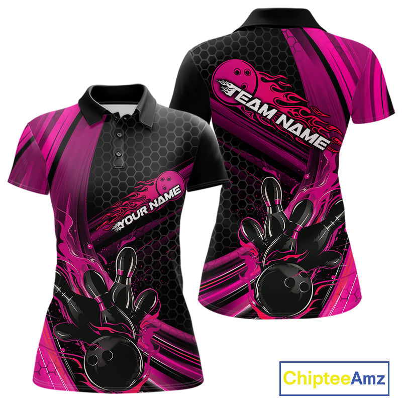 Custom Black And Pink Flame Bowling Jerseys, Bowling Team Polo Shirts For Women IPHW9886