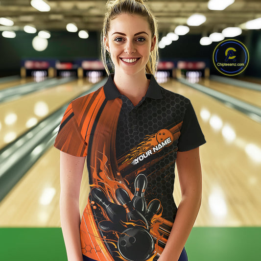 Custom Black And Orange Flame Bowling Jerseys, Bowling Team Polo Shirts For Women IPHW9887