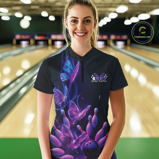Custom Blue And Purple Butterfly Women Bowling Team Shirts, Ladies Bowling League Shirt IPHW10155