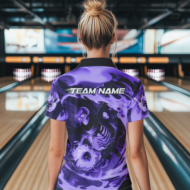 Custom Purple Flame Skull Bowling Polo Shirts For Women, Skeleton Bowling Tournament Shirts IPHW8404
