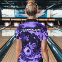 Load image into Gallery viewer, Custom Purple Flame Skull Bowling Womens Quarter-Zip Shirt, Ladies Tournament Bowling Shirt IPHW8404