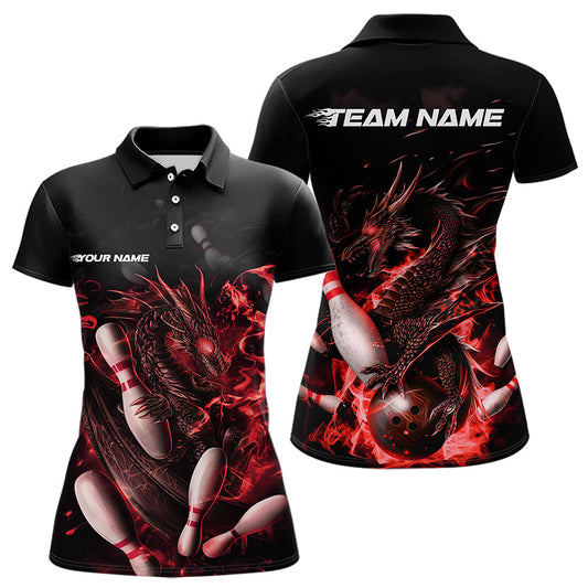 Custom Black And Red Flame Dragon Womens Bowling Polo Shirts, Bowling Tournament Team Shirt IPHW8415