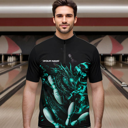 Custom Black And Blue Flame Dragon Bowling Quarter-Zip Shirts For Men, Bowling Tournament Team Shirt IPHW8417