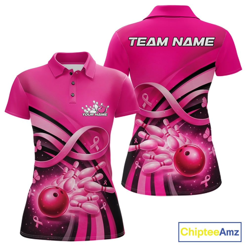 Front and back view of a womens bowling polo shirt mockup in pink, featuring breast cancer awareness ribbons, butterflies, and bowling-themed design elements.