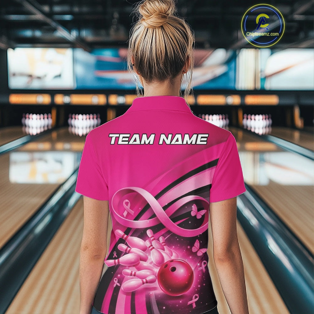 Female model in a bowling venue wearing a pink polo shirt, showcasing breast cancer awareness design with ribbons, butterflies, and bowling action artwork.