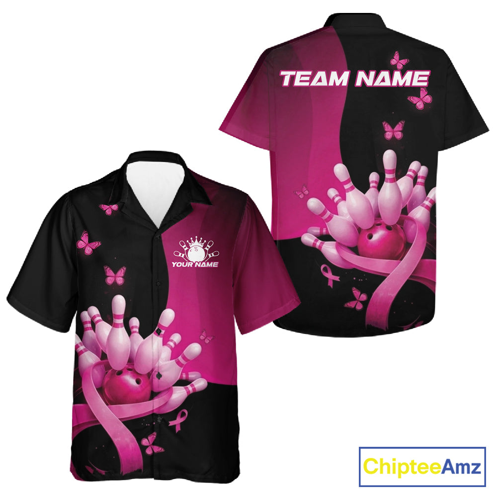 Front and back view of a mens bowling button-up shirt mockup in black and pink, featuring breast cancer awareness ribbons, butterflies, and bowling-themed graphics.