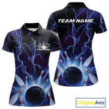 Load image into Gallery viewer, Custom Blue Thunder Lightning Bowling Ball And Pins Polo Shirts For Women, Team Uniform IPHW9507