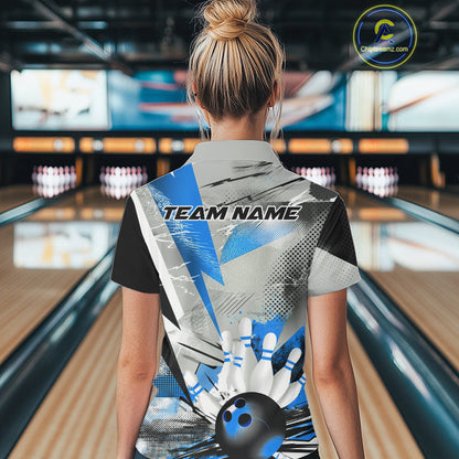 Custom Blue And Gray Geometric Bowling Jerseys Bowling Team Polo Shirts For Women IPHW9509