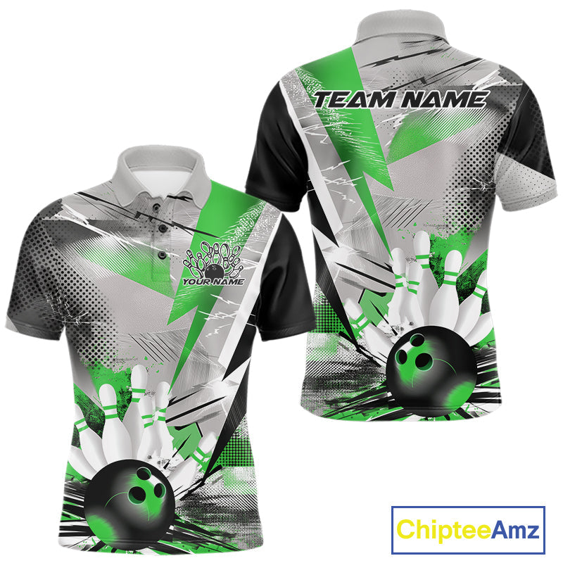 Custom Green And Gray Geometric Bowling Jerseys Bowling Team Polo Shirts For Men IPHW9510