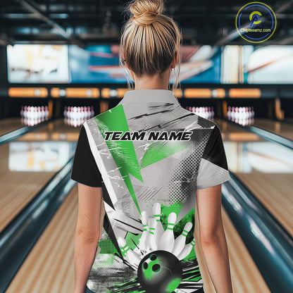 Custom Green And Gray Geometric Bowling Jerseys Bowling Team Quarter-Zip Shirts For Women IPHW9510