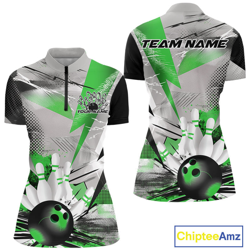 Custom Green And Gray Geometric Bowling Jerseys Bowling Team Quarter-Zip Shirts For Women IPHW9510