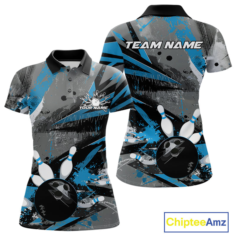 Custom Grunge Blue Bowling Polo Shirts For Women, Vintage Bowling Team Shirts IPHW9512