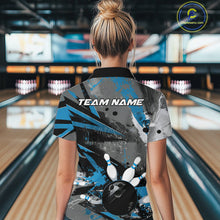 Load image into Gallery viewer, Custom Grunge Blue Bowling Quarter-Zip Shirts For Women, Vintage Bowling Team Shirts IPHW9512
