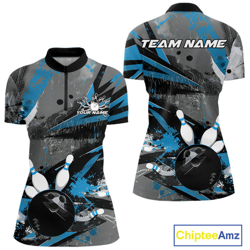 Custom Grunge Blue Bowling Quarter-Zip Shirts For Women, Vintage Bowling Team Shirts IPHW9512