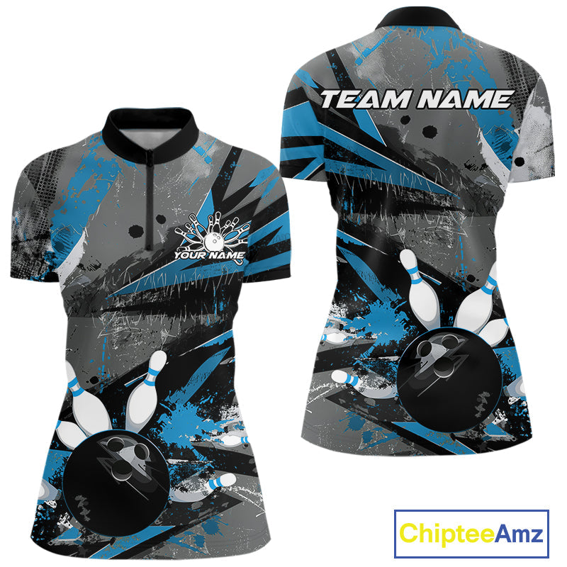 Custom Grunge Blue Bowling Quarter-Zip Shirts For Women, Vintage Bowling Team Shirts IPHW9512