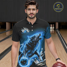 Load image into Gallery viewer, Custom Blue Fire Flaming Wolf Bowling Polo Shirts For Men, Wolf Bowling Tournament Shirt IPHW8429