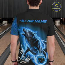 Load image into Gallery viewer, Custom Blue Fire Flaming Wolf Bowling Polo Shirts For Men, Wolf Bowling Tournament Shirt IPHW8429
