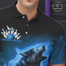 Load image into Gallery viewer, Custom Blue Fire Flaming Wolf Bowling Polo Shirts For Men, Wolf Bowling Tournament Shirt IPHW8429