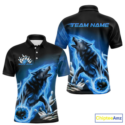 Custom Blue Fire Flaming Wolf Bowling Polo Shirts For Men, Wolf Bowling Tournament Shirt IPHW8429