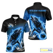 Load image into Gallery viewer, Custom Blue Fire Flaming Wolf Bowling Polo Shirts For Men, Wolf Bowling Tournament Shirt IPHW8429