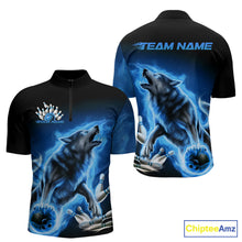 Load image into Gallery viewer, Custom Blue Fire Flaming Wolf Bowling Quarter-Zip Shirts For Men, Wolf Bowling Tournament Shirt IPHW8429