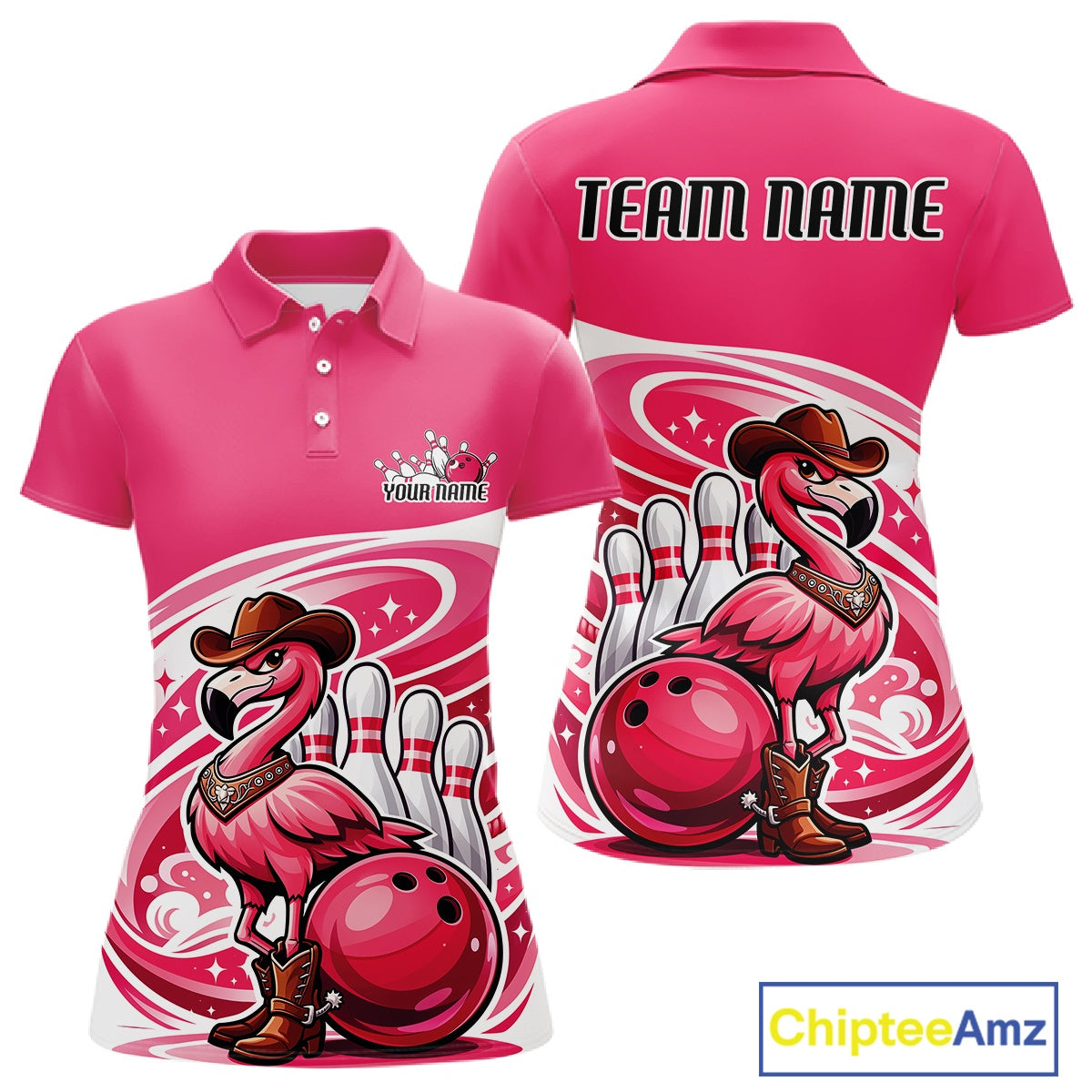 Front and back view of a pink women’s bowling polo shirt featuring a cowboy flamingo leaning on a bowling ball.