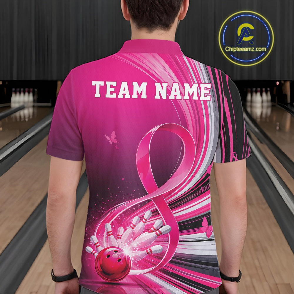 Back view of a male model in a pink bowling polo with breast cancer awareness ribbon artwork and bowling graphics
