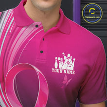 Load image into Gallery viewer, Close-up left chest view of a pink bowling polo featuring breast cancer awareness ribbon artwork and bowling graphics