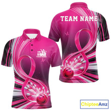 Load image into Gallery viewer, Front and back mockup of a men's pink bowling polo featuring breast cancer awareness ribbon artwork and bowling graphics