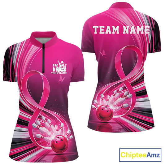Front and back mockup of a womens pink bowling quarter zip featuring breast cancer awareness ribbon artwork and bowling graphics
