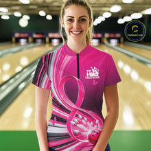 Load image into Gallery viewer, Front view of a female model in a pink bowling quarter zip with breast cancer awareness ribbons and bowling graphics