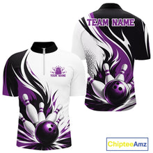Load image into Gallery viewer, Front and back view of a men's bowling quarter zip shirt mockup featuring a flaming bowling ball striking pins design on a white, black, and purple shirt.