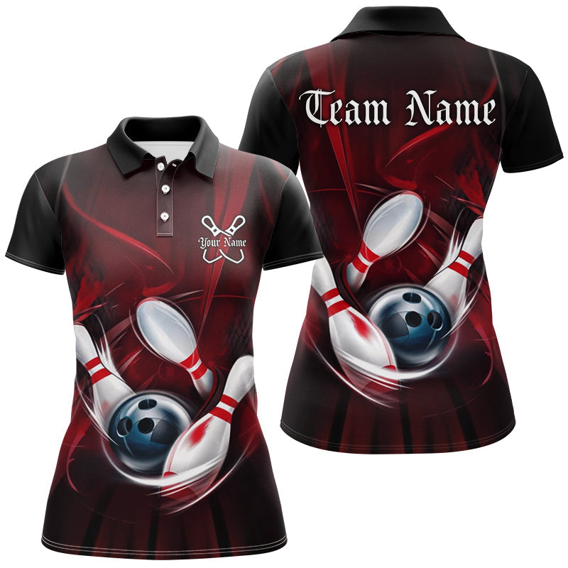 Black And Red Custom Bowling Uniforms, Bowling Team Shirts For Women Bowler Jerseys IPHW7543