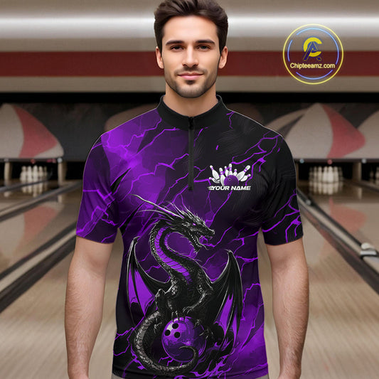 Custom Purple Lightning Dragon Bowling Quarter-Zip Shirt For Men, Dragon Bowling Team Jersey IPHW9902