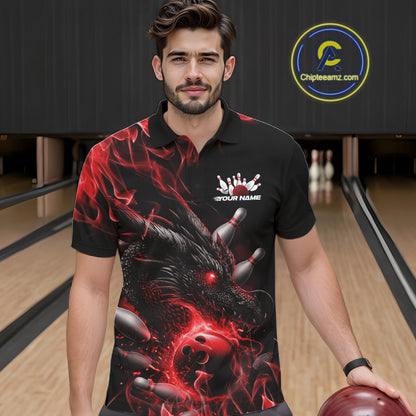Custom Black And Red Flame Dragon Bowling Men Polo Shirt, Dragon Bowling League Shirt IPHW10272