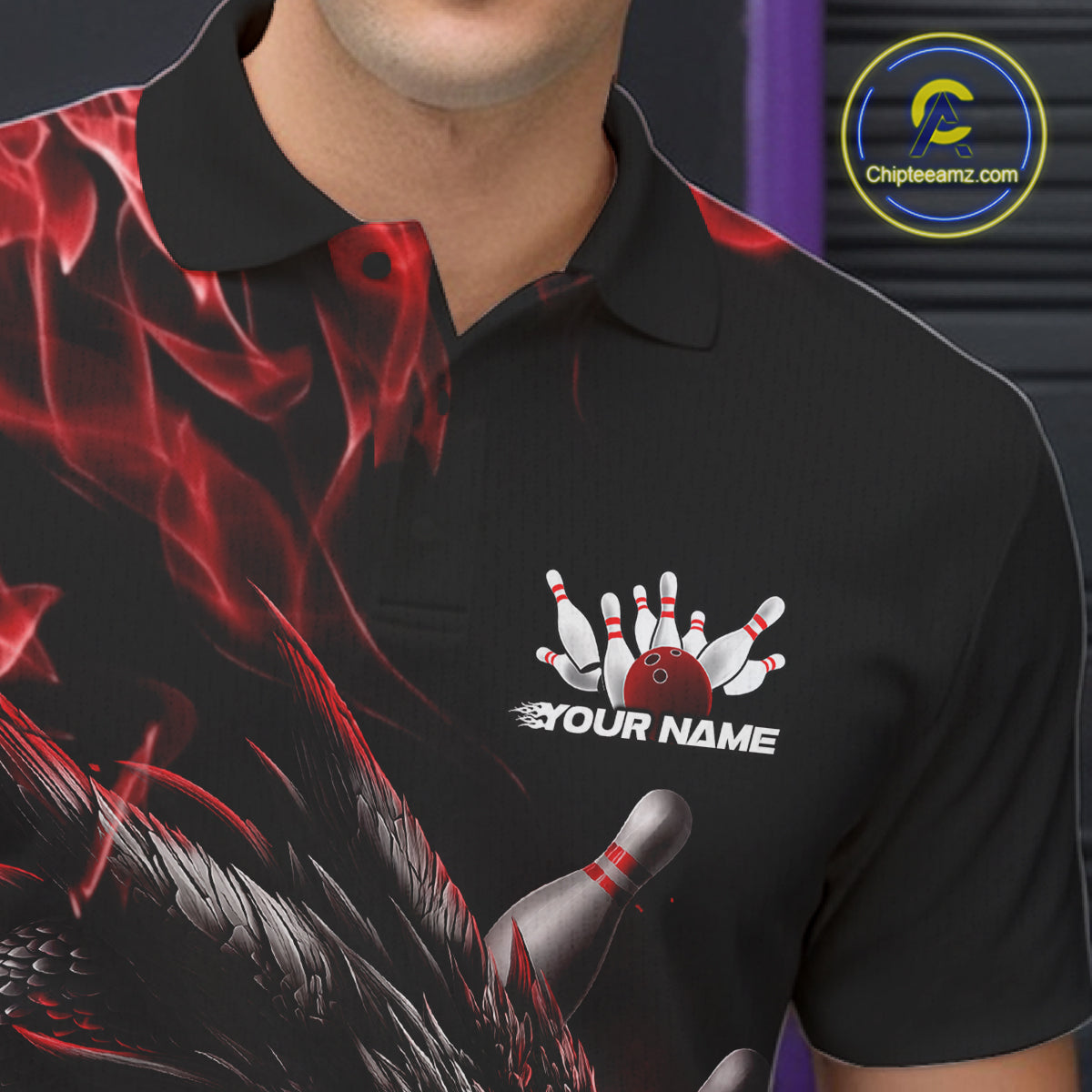 Custom Black And Red Flame Dragon Bowling Men Polo Shirt, Dragon Bowling League Shirt IPHW10272