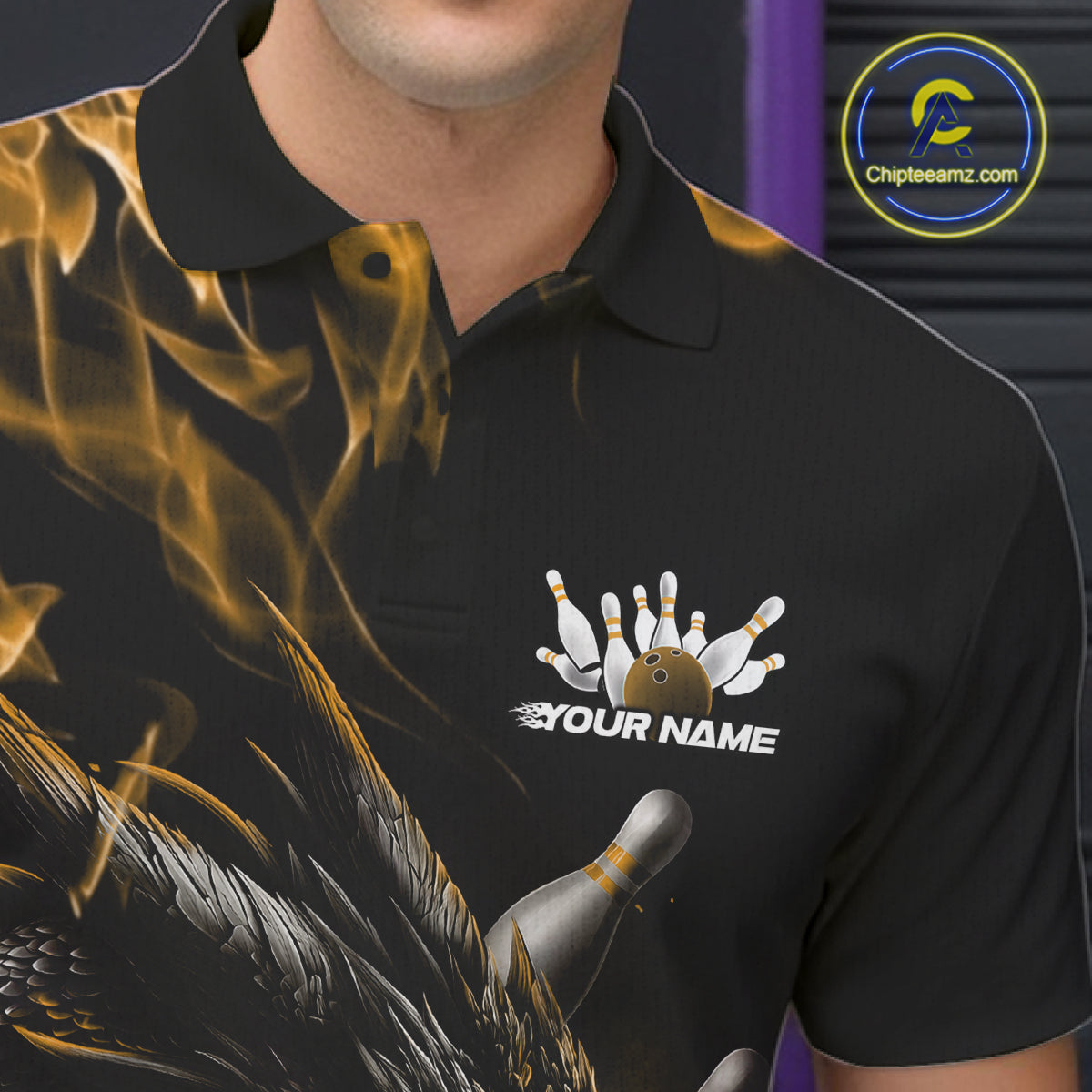 Custom Black And Gold Flame Dragon Bowling Men Polo Shirt, Dragon Bowling League Shirt IPHW10274