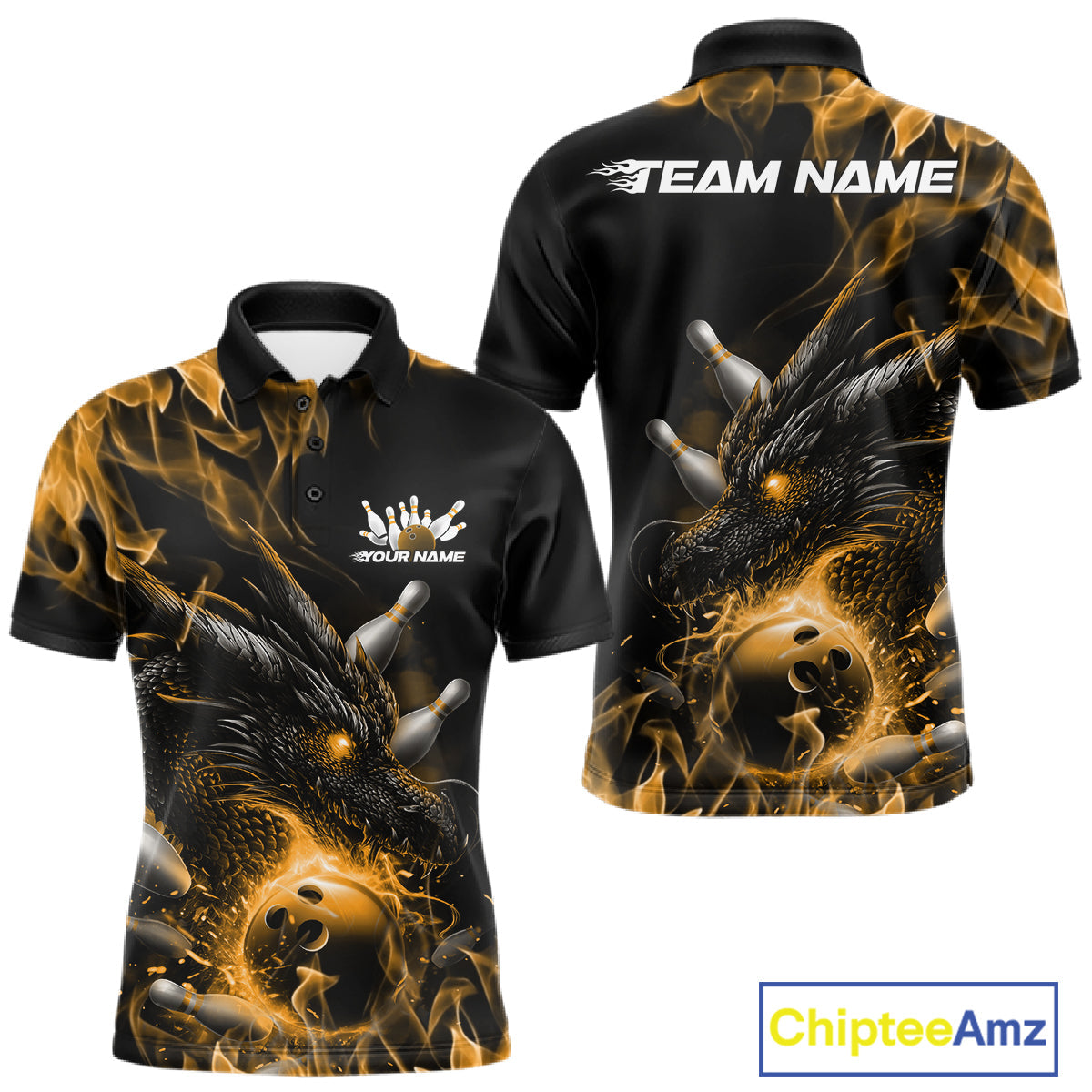 Custom Black And Gold Flame Dragon Bowling Men Polo Shirt, Dragon Bowling League Shirt IPHW10274