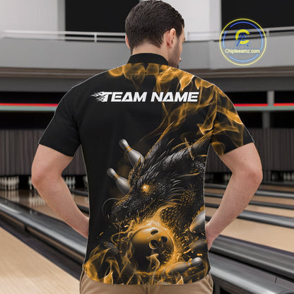 Custom Black And Gold Flame Dragon Bowling Men Quarter-Zip Shirt, Dragon Bowling League Shirt IPHW10274