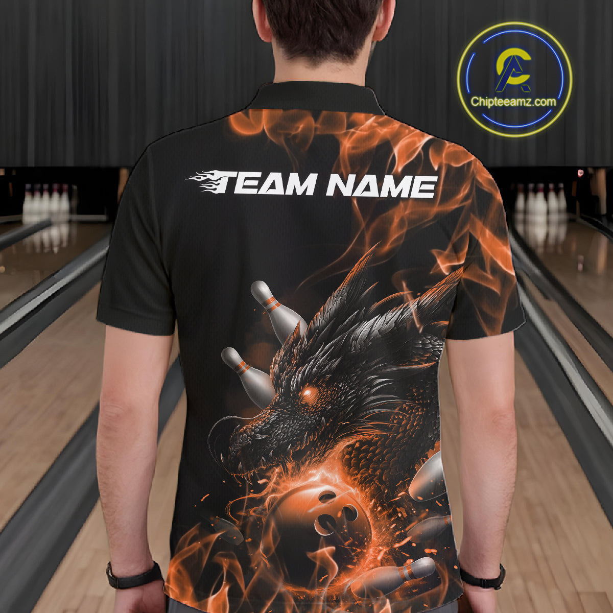 Custom Black And Orange Flame Dragon Bowling Men Polo Shirt, Dragon Bowling League Shirt IPHW10275